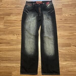 Hash House Black Jeans size 36 Y2k Baggy Grunge Faded Skulls 10inch Leg Opening